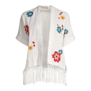 Carolina K Kimono Anita Floral Embroidered Fringe Crochet Gardenia XS GUC